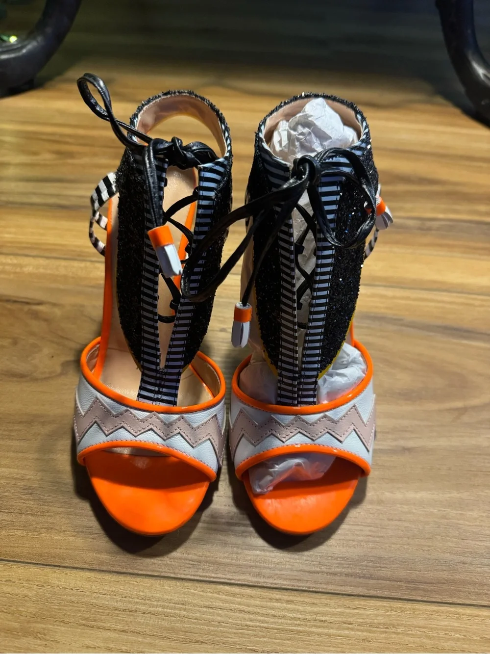 Vinci Santa Amaro leather bold High Heel Sandals - Orange, Black & White
